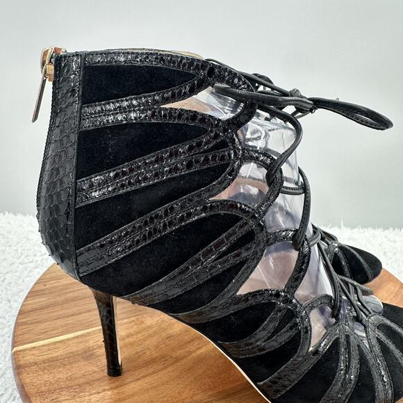 Jimmy Choo Heel Womens 8.5 Black Leather Lace up Peep Toe Snake Skin Gladiator - Picture 2 of 10